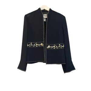 NWT Jessica Howard Petite Jacket with Tan Embroidered Trim Size 6P Navy Blue #X-